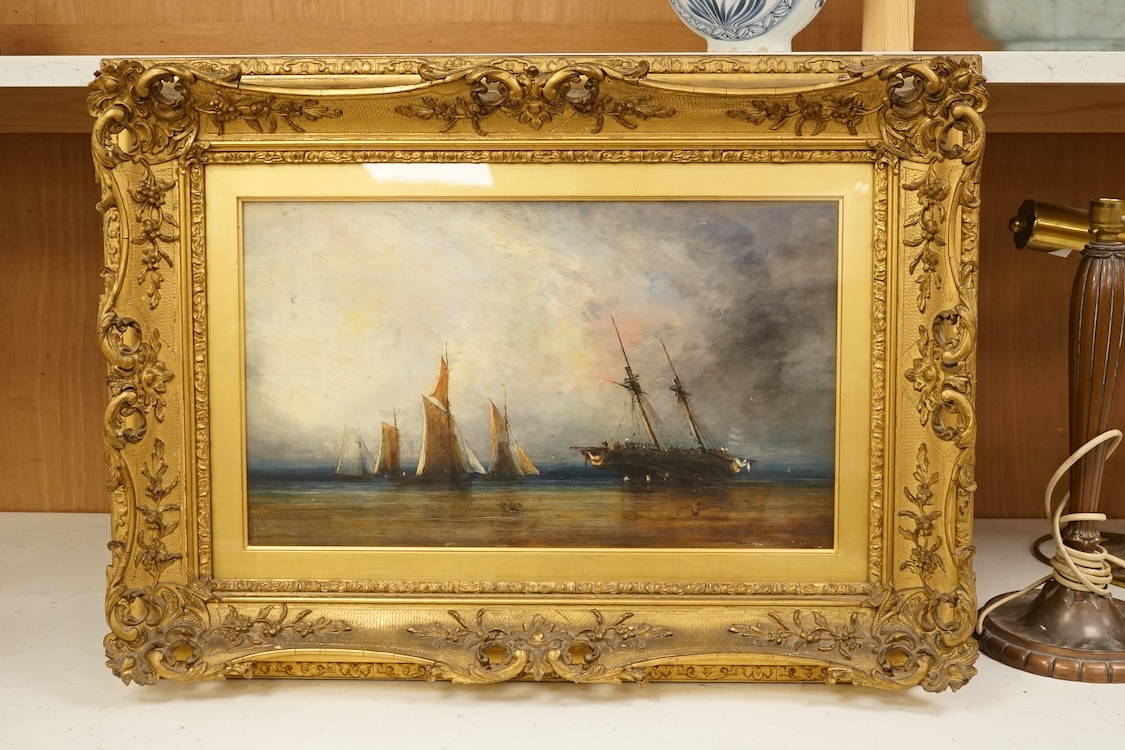 20th century School, Shipping scene, oil on board, unsigned, 26 x 43cm, ornate gilt frame